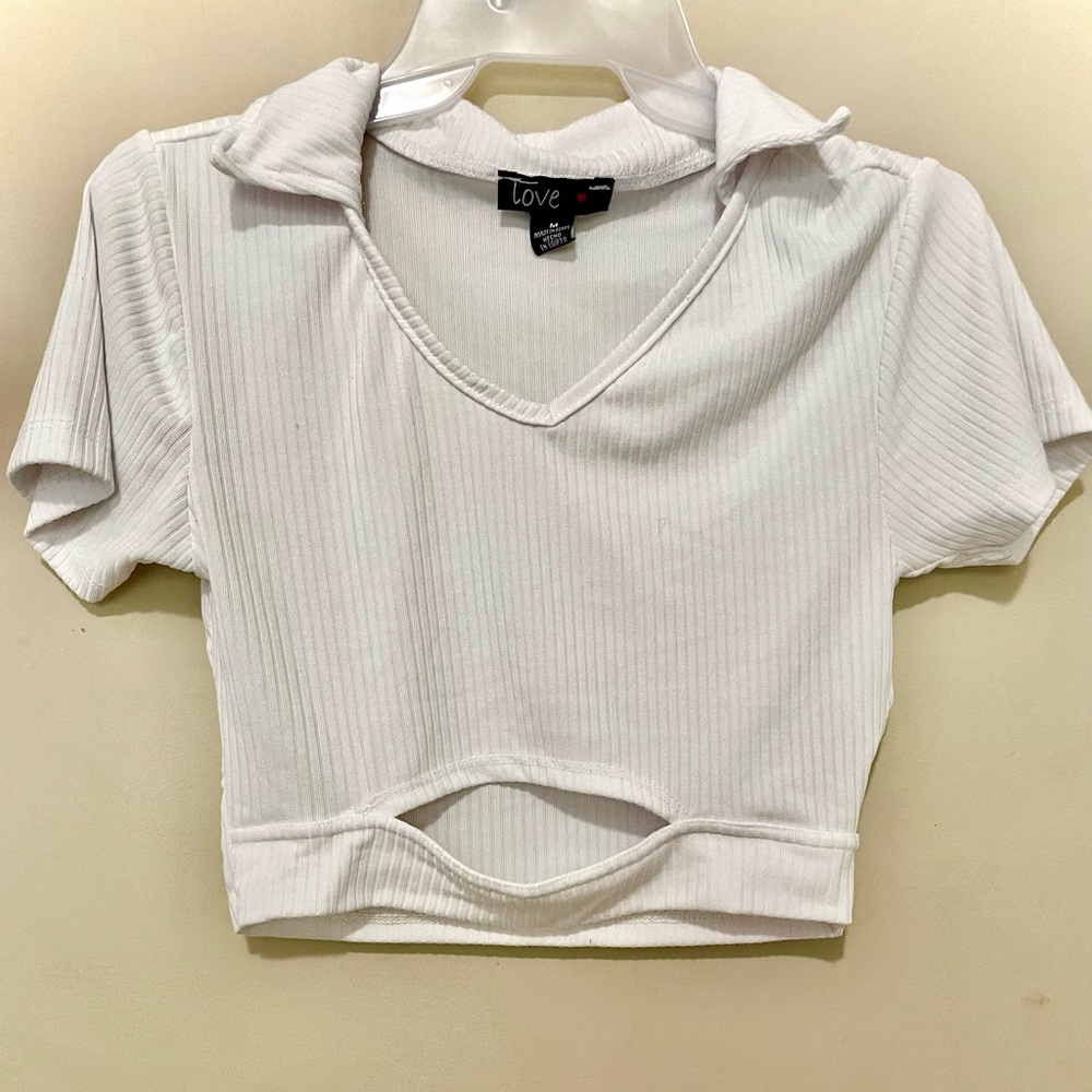 White V Neck Short Sleeve Collar Crop Top | Cut Out Detail